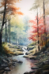 autumn forest in the fog, watercolor landscape, bright autumn forest, forest scenery, watercolor