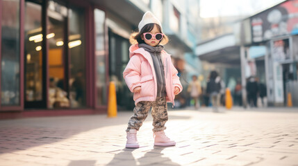 little Korean child in stylish clothes on the street of Seoul, Asian girl, boy, portrait of a cute kid, baby, fashionable outfit, fashion, trend, children, urban, city, hoodie, pastel colors, walk