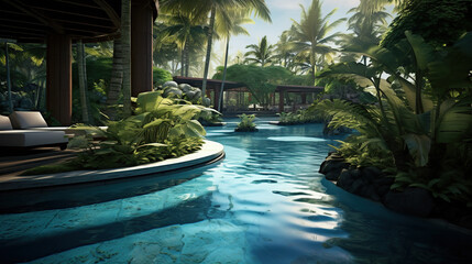pool in resort with tropics in blue-green tones - obrazy, fototapety, plakaty