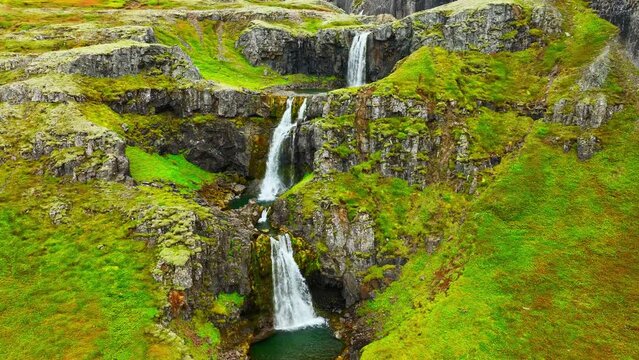 Waterfalls in Mountains, Beautiful Aerial View From Iceland In The Summer Season