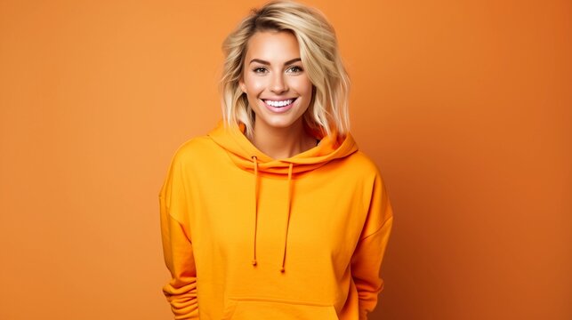 Mature Woman, Blonde Hair, Orange Sweatshirt On Plain Background, Smiling, Positive Attitude