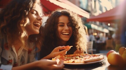 Young Women Enjoying Pizza Outdoors in the City. Generative ai - obrazy, fototapety, plakaty