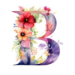Letter B with flowers, botanical watercolor illustration on white background.
