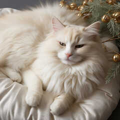 white cat resting on the sofa against the background of Christmas lights