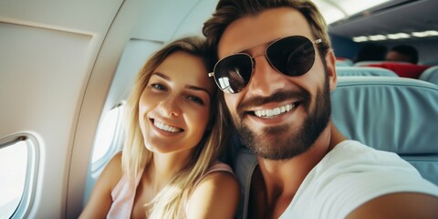 Fototapeta premium Joyful Tourist Taking Selfie on Airplane During Summer Vacation. Generative ai