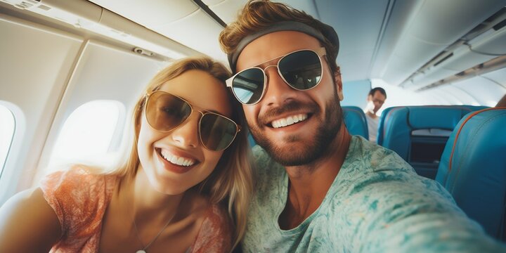 Joyful Tourist Taking Selfie on Airplane During Summer Vacation. Generative ai