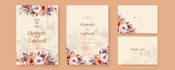 Peach and white poppy floral wedding invitation card template set with flowers frame decoration