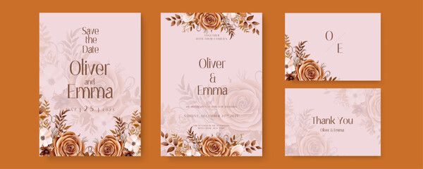 Brown rose luxury wedding invitation with golden line art flower and botanical leaves, shapes, watercolor