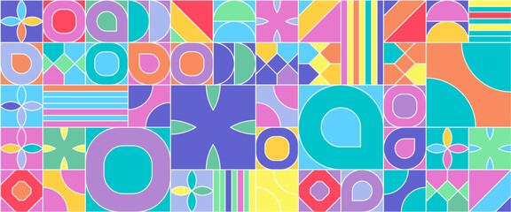 Geometric minimal pattern mosaic. Simple colorful circle shapes, modern bauhaus banner vector design