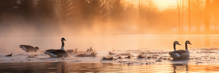 Frozen lake breaking into spring, chunks of ice floating, geese landing, early morning mist, soft sunlight - obrazy, fototapety, plakaty
