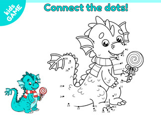 Dot to dot kids game. Symbol of the Chinese New Year is dragon. Connect the dots by numbers and draw the cartoon dragon with a lollipop in paws. Puzzle perfect for holiday activity book. Vector design