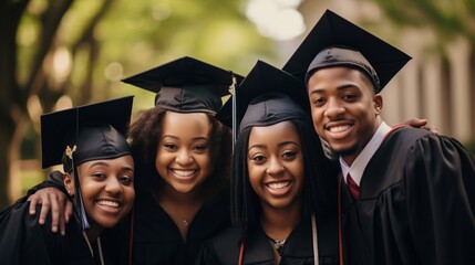 Smiling African American Graduates in Cap and Gown Outdoors. Generative ai