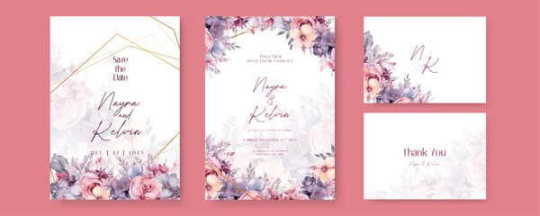 Pink peach and purple violet cosmos and rose wedding invitation card template with flower and floral watercolor texture vector