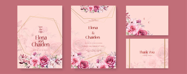 Pink rose rustic vector elegant watercolor wedding invitation floral design