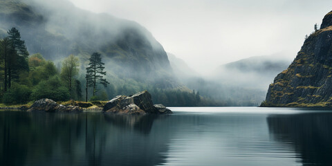 Highland lake, rolling fog, craggy cliffs in background, atmosphere filled with mystery and solitude