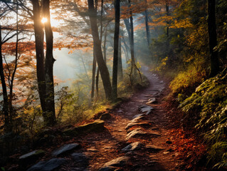 autumn hiking trail in the Smoky Mountains, showcasing colorful fall foliage, mist rising