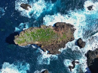 Mała, skalista zielona wyspa na oceanie, obmywana falami. A small, rocky green island in the ocean, washed by the waves. - obrazy, fototapety, plakaty