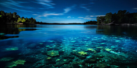 Lake with bioluminescent phytoplankton, glowing blue against the dark water, stars in clear sky, magical night