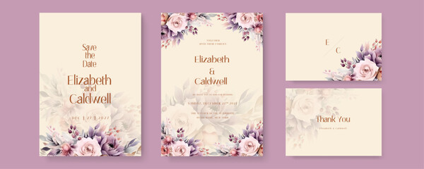 Beige and purple violet peony floral wedding invitation card template set with flowers frame decoration