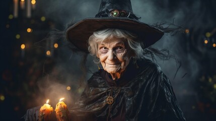 Elderly Lady in Witch Costume Celebrating Halloween. Generative ai