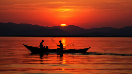 Rippled lake surface at sunset, vivid color gradient in sky, silhouettes of fishermen in boats, warm tones