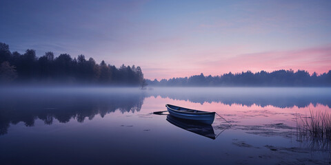 Serene twilight over a calm lake, a lone rowboat in the center, subtle fog rising, moonlight...
