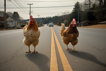Humorous chicken behavior on a roadway. Generative AI