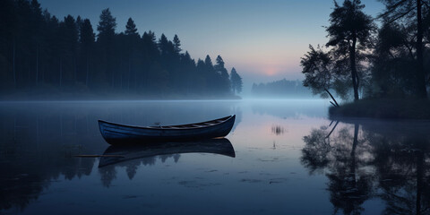 Serene twilight over a calm lake, a lone rowboat in the center, subtle fog rising, moonlight...