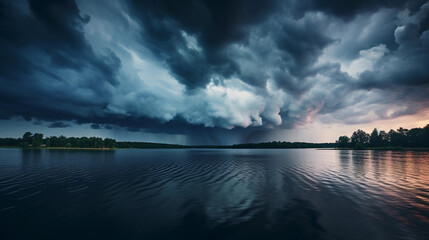 Storm clouds gathering over a still lake, contrasting the dramatic sky and calm water, flashes of lightning in the distance