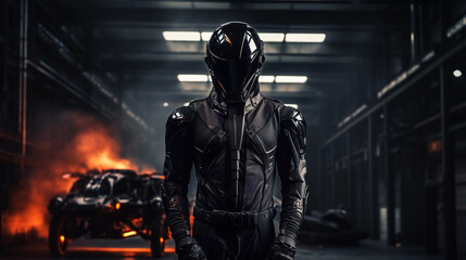 Striking image of a sleek, black exoskeleton suit standing in an industrial hangar, accentuated by high contrast lighting and smoke effects