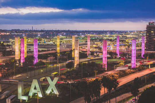 LAX Los Angeles International Airport welcome Sign and pylons at Night