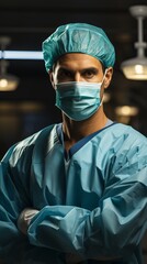 Male medical doctor surgeon. Sterile medical uniform with a mask on the face. A man in front of an operating room. Concept: healthcare, emergency assistance