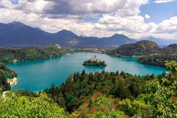 Drone shot of the Assumption of Mary church on the island of Bled lake in Slovenia