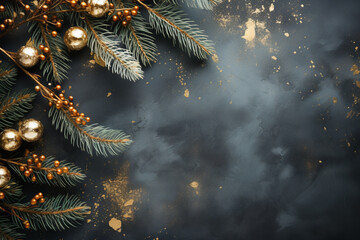  watercolor dark background with Christmas tree branches and Christmas gold decor Space for text