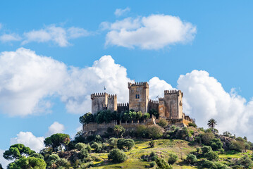 Almodovar del Río Castle in the province of Córdoba, Spain, located on Mount Redondo, one of the best preserved Andalusian fortresses today. - obrazy, fototapety, plakaty