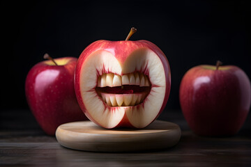 Red apple monster face isolated on dark background - obrazy, fototapety, plakaty