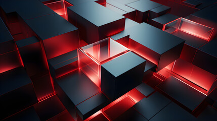 Black abstract shapes and cubes with red neon lights background