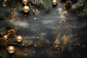  watercolor dark background with Christmas tree branches and Christmas gold decor Space for text