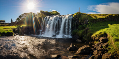 Angelic waterfall with a rainbow arc, set in a serene meadow, bright sunny day, soft focus for dreamy effect