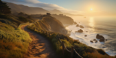 coastal hiking trail along the cliffs of Big Sur, ocean waves crashing below, golden sunset in the...