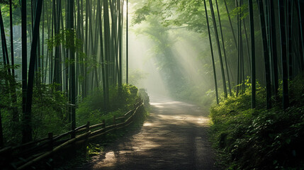 Naklejka premium hiking trail through a bamboo forest in Japan, diffused, soft light creating a mystical atmosphere
