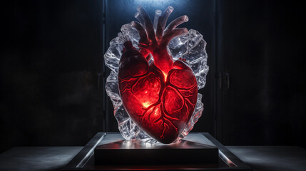 ice sculpture of a human heart, dramatically lit from within by red LED, placed on dark granite table