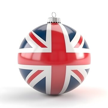 Christmas toy ball in colors of Great Britain flag, isolated on white background
