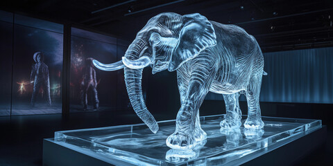 ice sculpture of an elephant, frosted details, placed in an empty art gallery with warm ambient lighting - Powered by Adobe