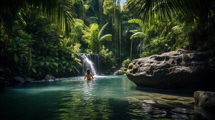 Tropical waterfall with a natural pool at the base, person swimming for scale, vibrant greens
