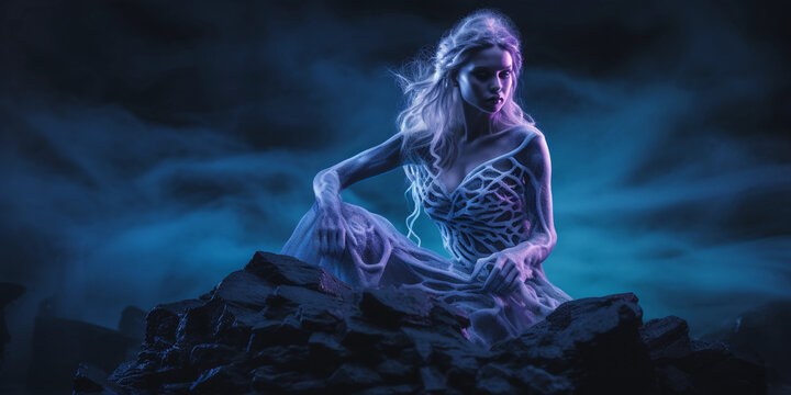 Intricate Ice Sculpture Of A Mermaid Sitting On A Rock, Mist Machines For Foggy Sea Effect, Shot In Dark Studio With Teal And Purple Gels On Lights