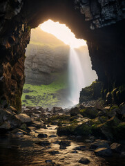 Waterfall framed by a natural rock arch, misty conditions, early morning light
