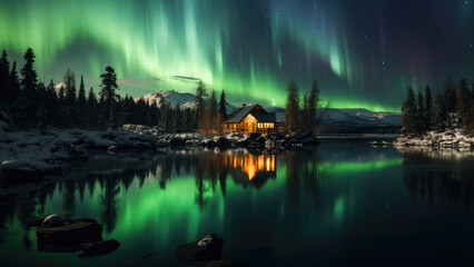 Tranquil Night Landscape with Aurora Reflection on Lake, Northern Lights