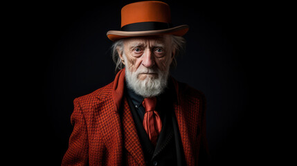 Portrait of senior hipster man in fashionable wear isolated on studio background. Joyful elderly lifestyle concept. Trendy colors, forever youth.