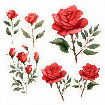 Set of red roses, Watercolor red roses, red roses and leaves on white background.
